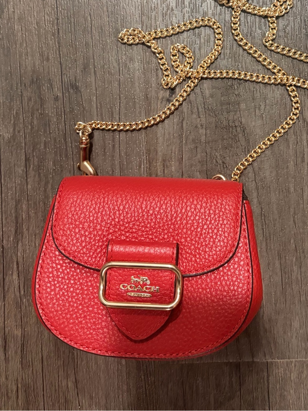 Coach Red Pebbled Leather Mini Saddle Crossbody with Gold Hardware